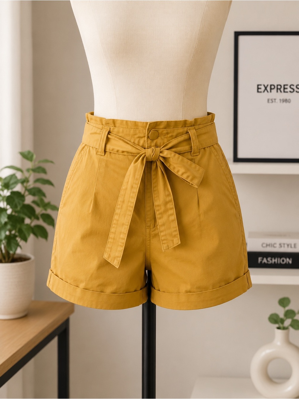 Express Mustard Yellow High-Rise Paperbag Tie Shorts